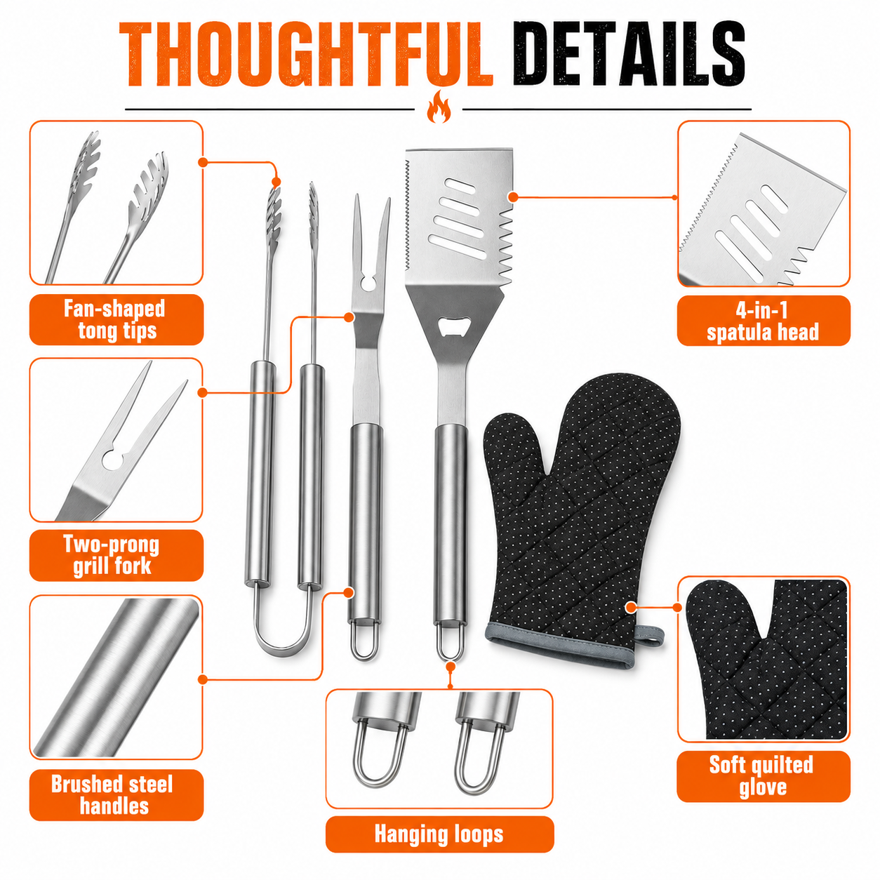 Practical 4-piece BBQ tool set with stainless steel tongs, grill fork, multifunction spatula and heat-resistant glove. Suitable for garden barbecues, camping and outdoor cooking.